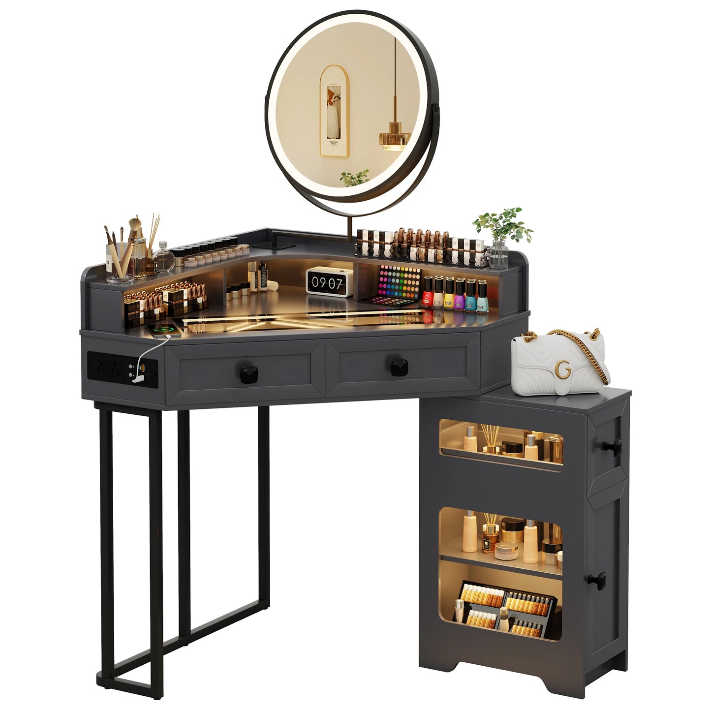 JDPAG Corner Vanity Desk with Mirror and Lights, Makeup Vanity with Charging Station&Human Sensor Light, Dressing Table