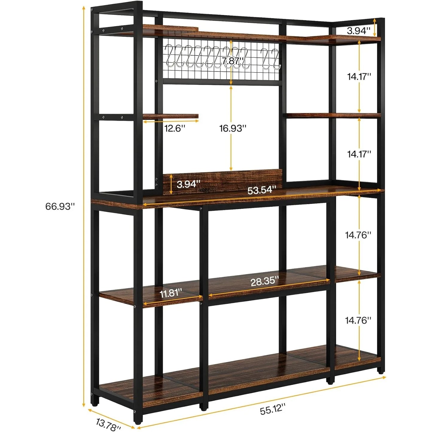 Kitchen Bakers Rack,  Microwave Stand, 55" Wide Kitchen Storage Shelf, Large Coffee Bar Station Baker's Rack with 11 Hooks