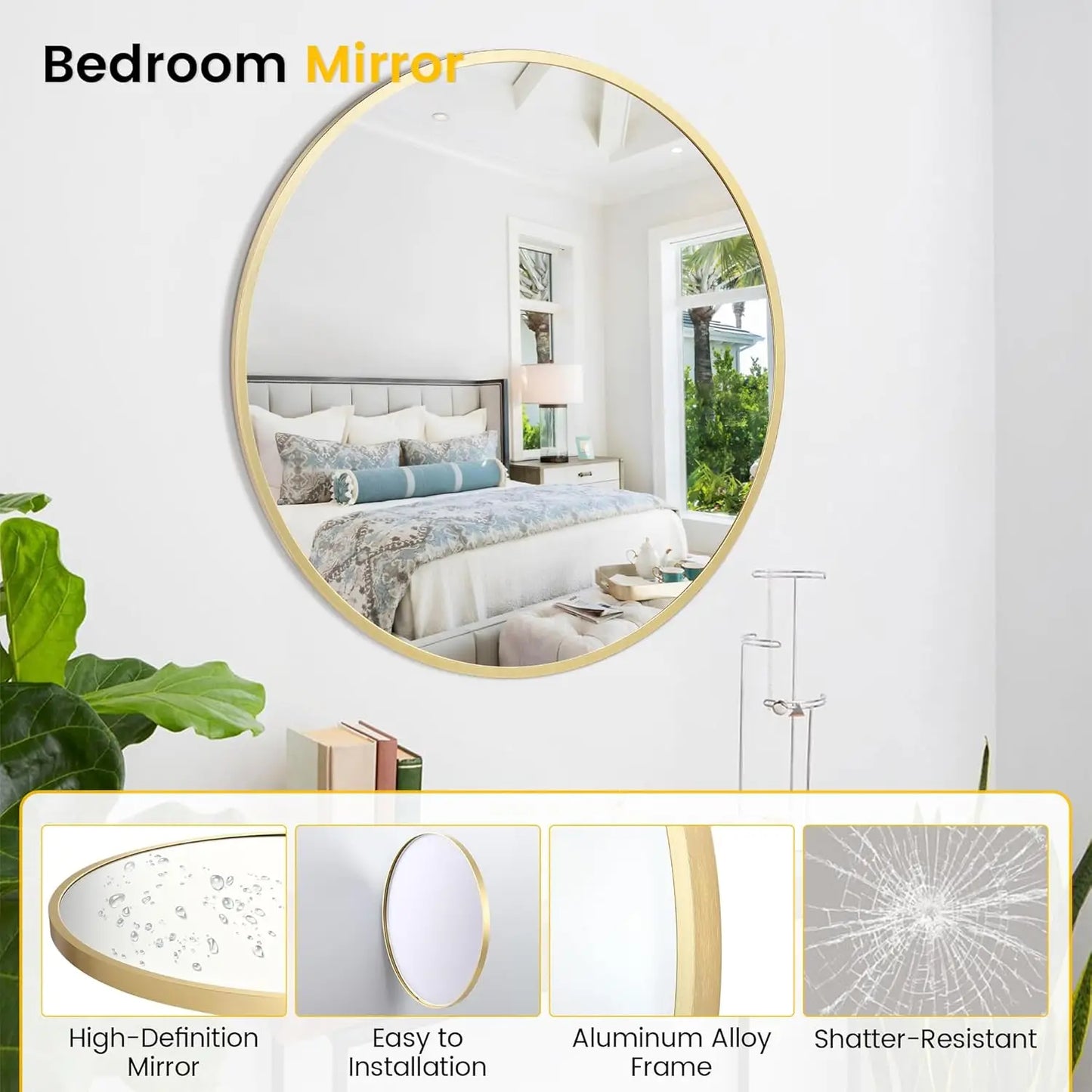 Extra Thick Round Mirror, Golden Aluminum Frame, Wall Mounted