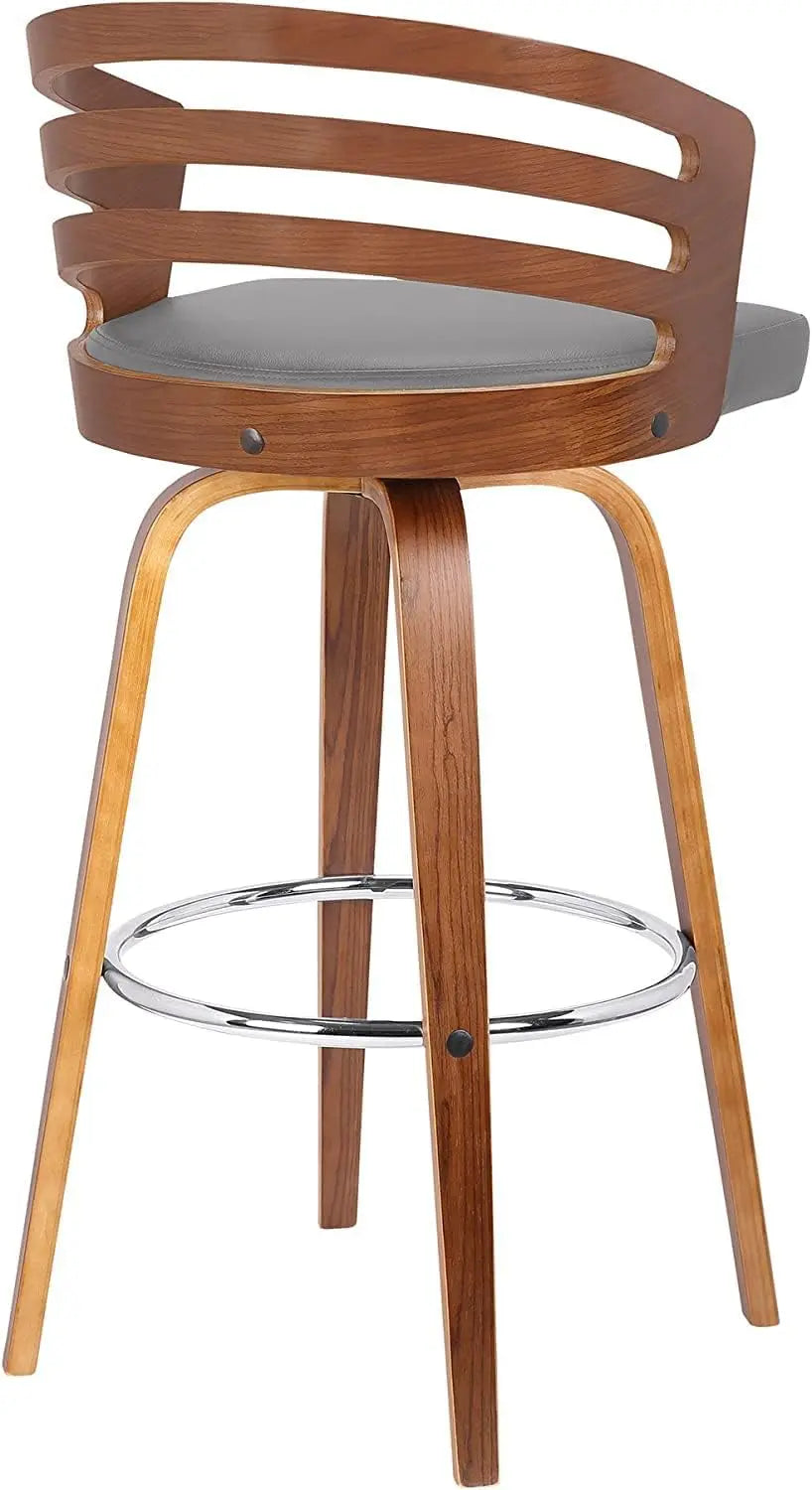 Modern Bar Stool 26 Inch Swivel Grey Faux Leather Walnut