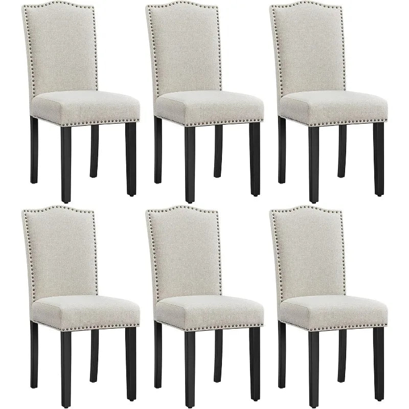 Dining Chairs, Set of Six, Modern Beige Fabric Upholstered