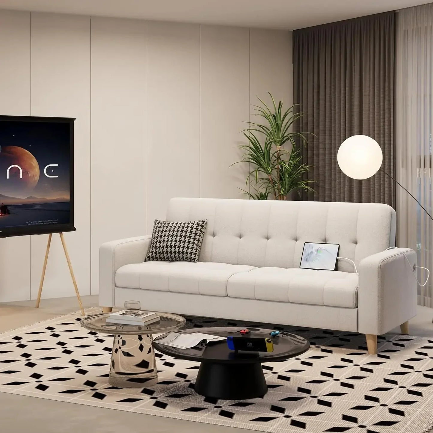 2 Seater Fabric Sofa With USB Ports Mid Century 65 Inch