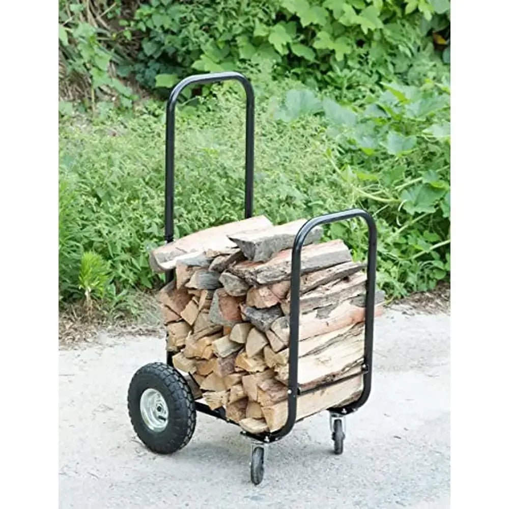 Heavy Black Firewood Rack Rolling Cart For Indoor Outdoor