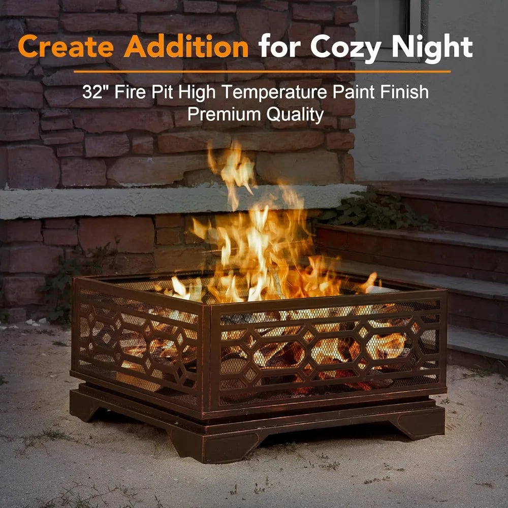 32 Inch Outdoor Wood Burning Fire Pit With Mesh Cover