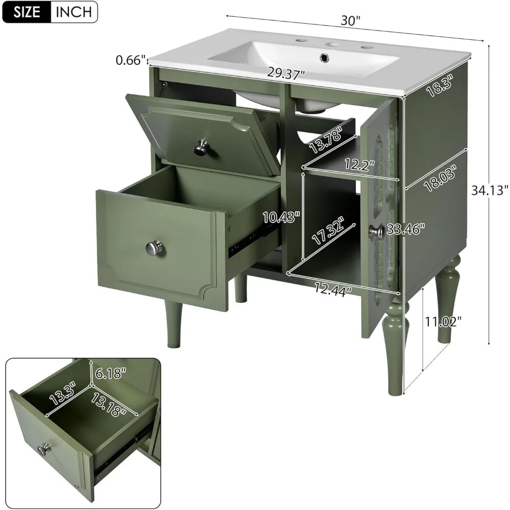 30" French Country Bathroom Vanity with Glass Door Sink