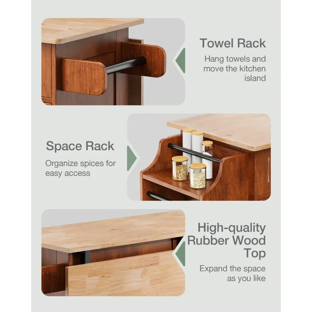 Kitchen Island with Drop Leaf and Storage, on Wheels Two Drawers, Large Storage Cabinet, Towel Rack Spice Cart Brown