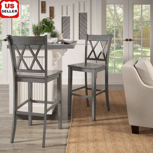 Farmhouse Double X Back Bar Stools,  Set of 2, Rubberwood