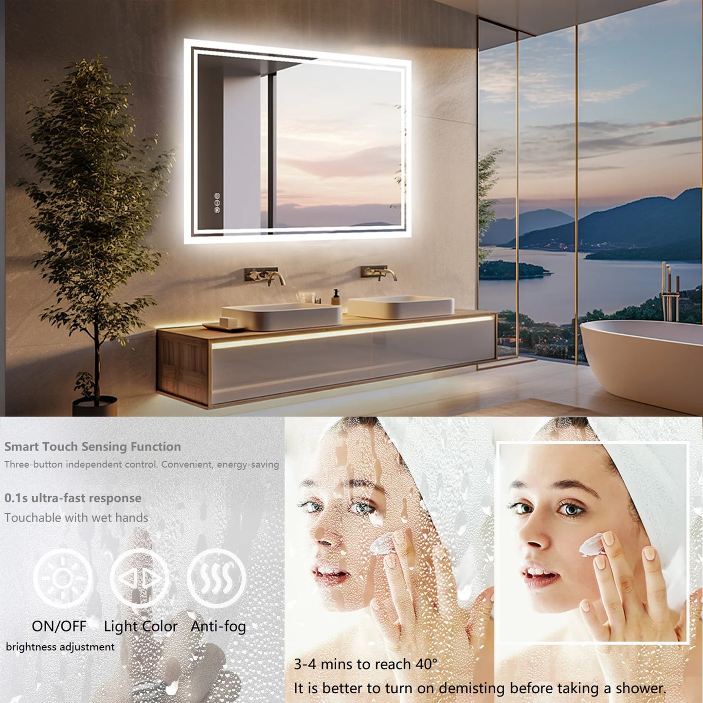 Rectangular LED Wall Mounted Vanity Mirror With Anti Fog