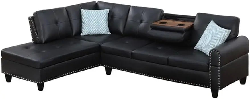 L-Shaped Faux Leather Sectional Sofa With Lift Top Ottoman Storage, Black
