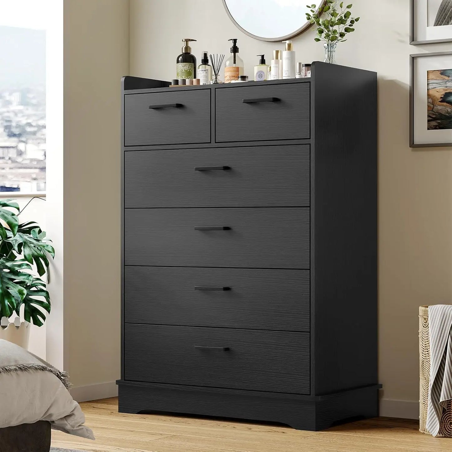 Black 6 Drawer Dresser Vertical Storage Chest Organizer