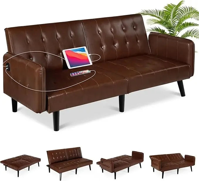65“ Convertible Sofa Bed w/ 2 USB, Small Adjustable Folding Couch Loveseat, Modern Mid Century Sleeper Sofa for Living Room, Bedroom