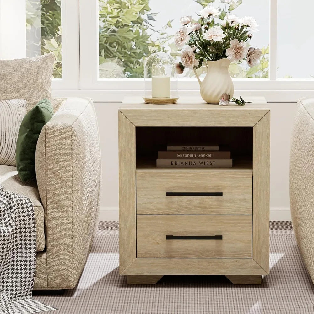 2 Drawer End Table or Nightstand, Hazel Oak, Rustic, Open Shelf