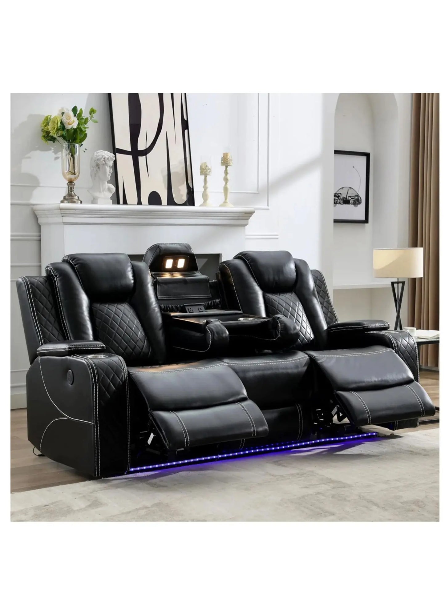 TODRANI Power Reclining Sofa w/ Wireless Charger, LED Floor Lights, Reading Light, Drop-down Table, USB/Type-C Port