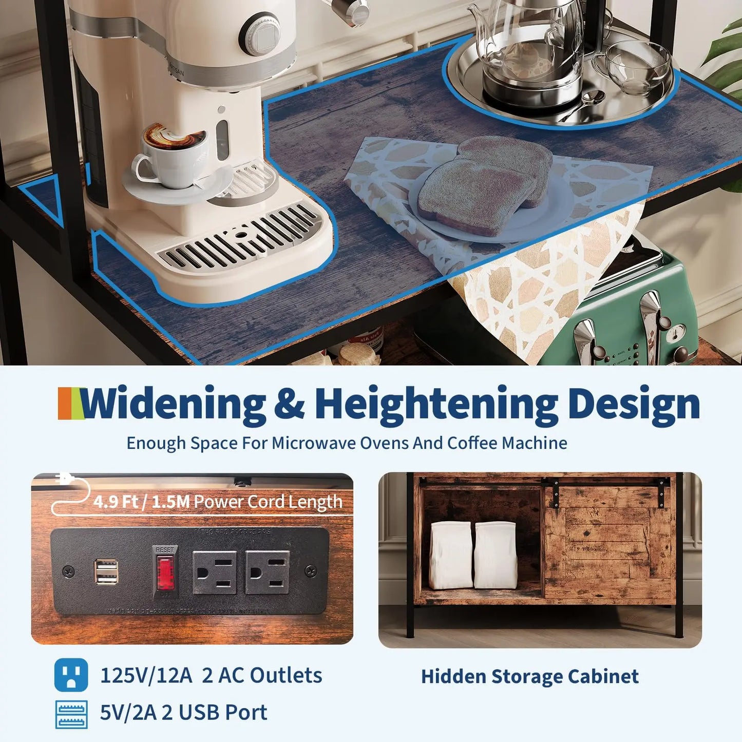 63'' Tall Farmhouse Bakers Rack, 5 Tier Industrial Microwave Stand with Charging Station & Cabinets, Compact Kitchen Utility