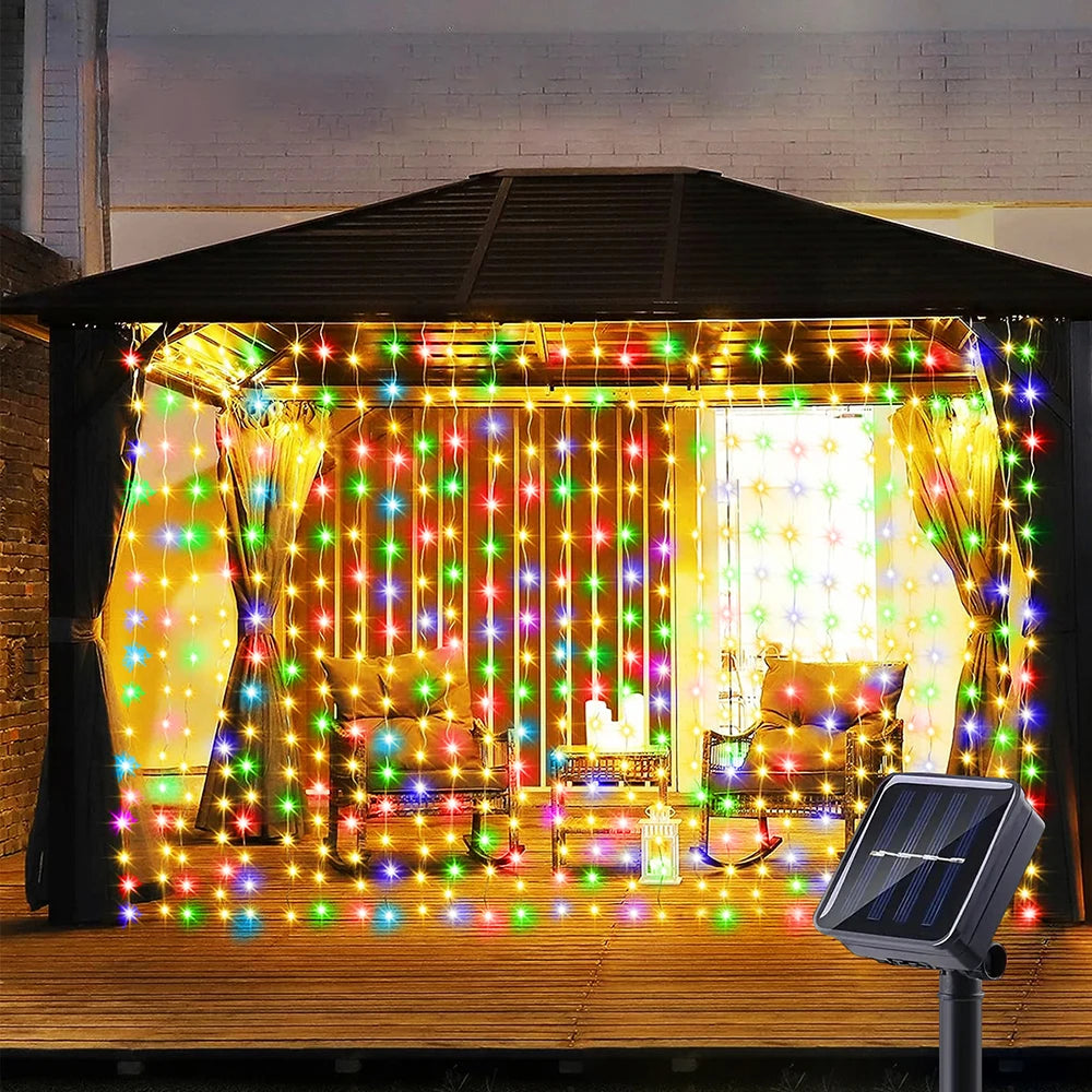 300 LED Solar Curtain Lights Outdoor Fairy Garland 8 Modes