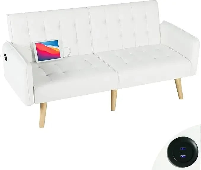 65“ Convertible Sofa Bed w/ 2 USB, Small Adjustable Folding Couch Loveseat, Modern Mid Century Sleeper Sofa for Living Room, Bedroom