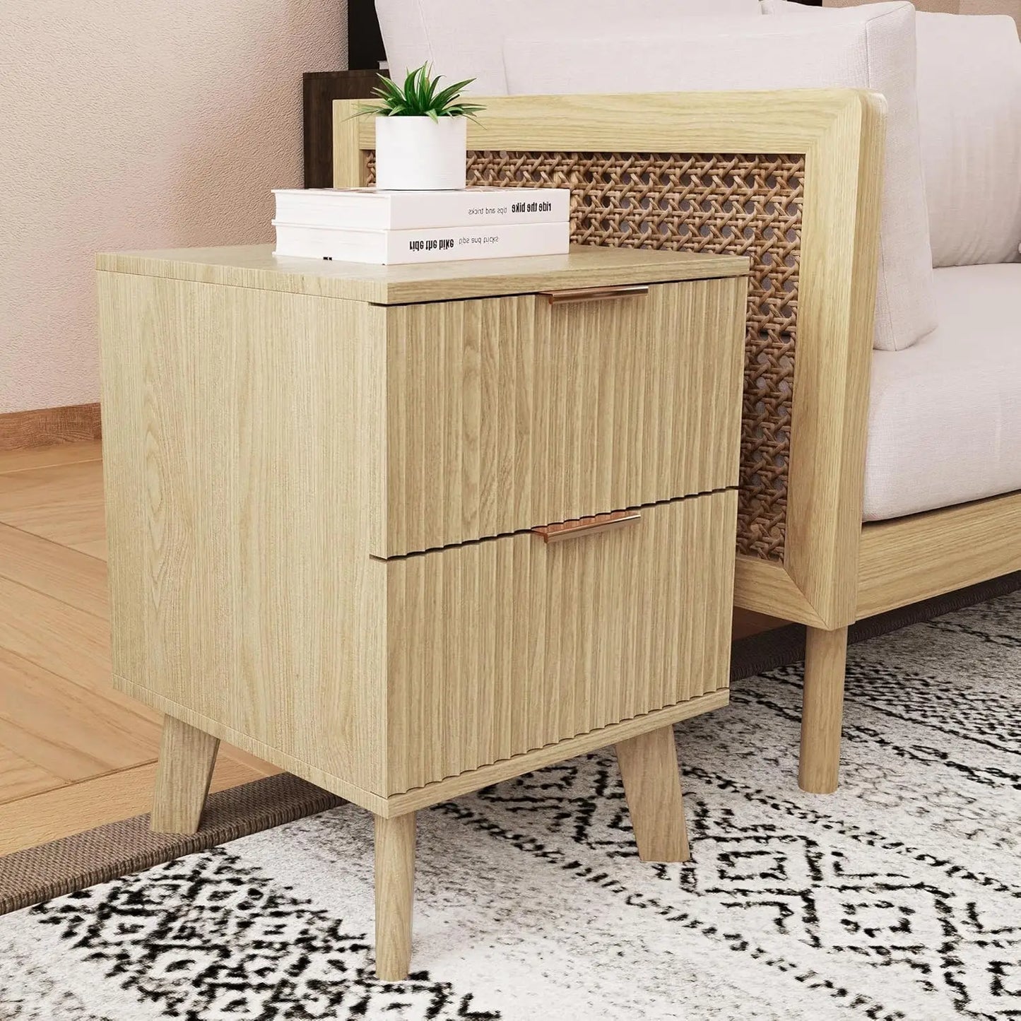 Fluted Nightstands Mid Century Modern Drawer Dresser Bedroom