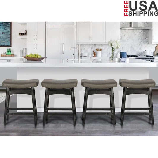 Solid Wood Bar Stools Set 4 Counter Height Saddle Cushions