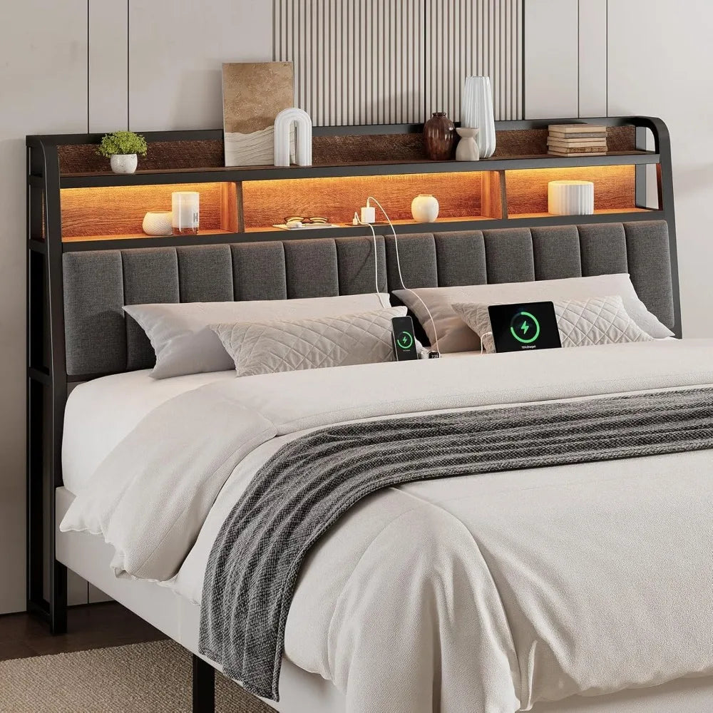 Ergonomic King Size Headboard, with 2 Tier Storage and USB Ports