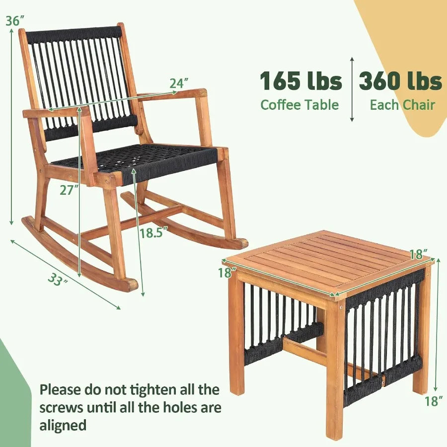 3 Piece Acacia Wood Rocking Bistro Set With All Weather Rope Woven Patio Coffee Table
