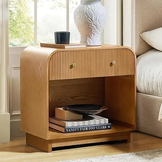 Modern Fluted Nightstand With Charging Station 28 Inch Wide