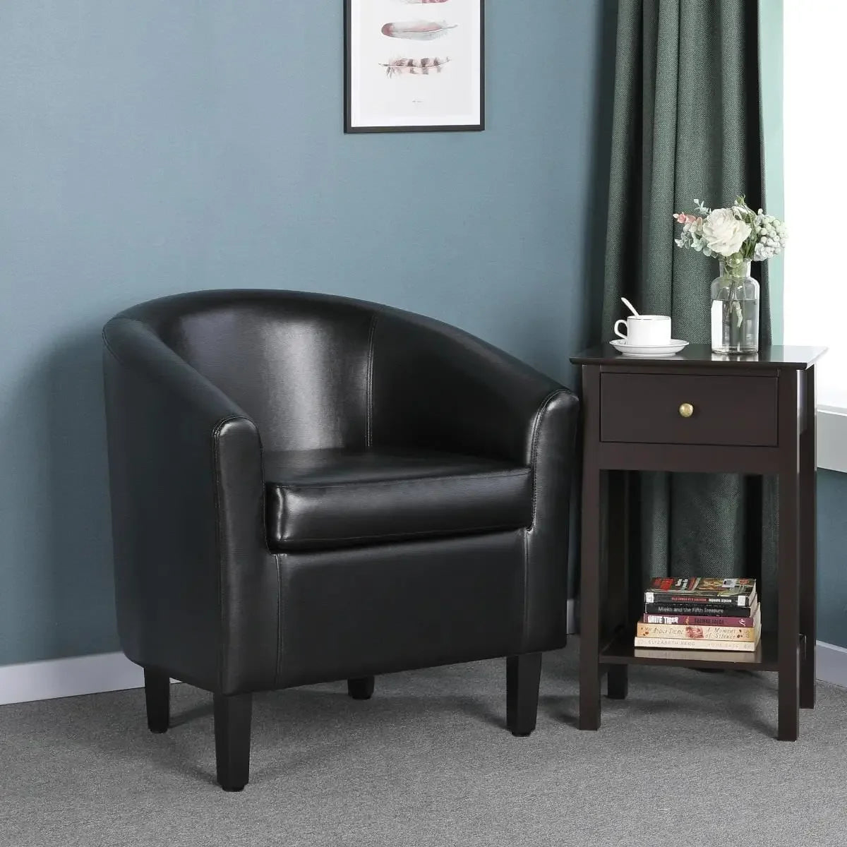 Barrel Chairs, Set Of 2 Faux Leather Club Chairs, Black