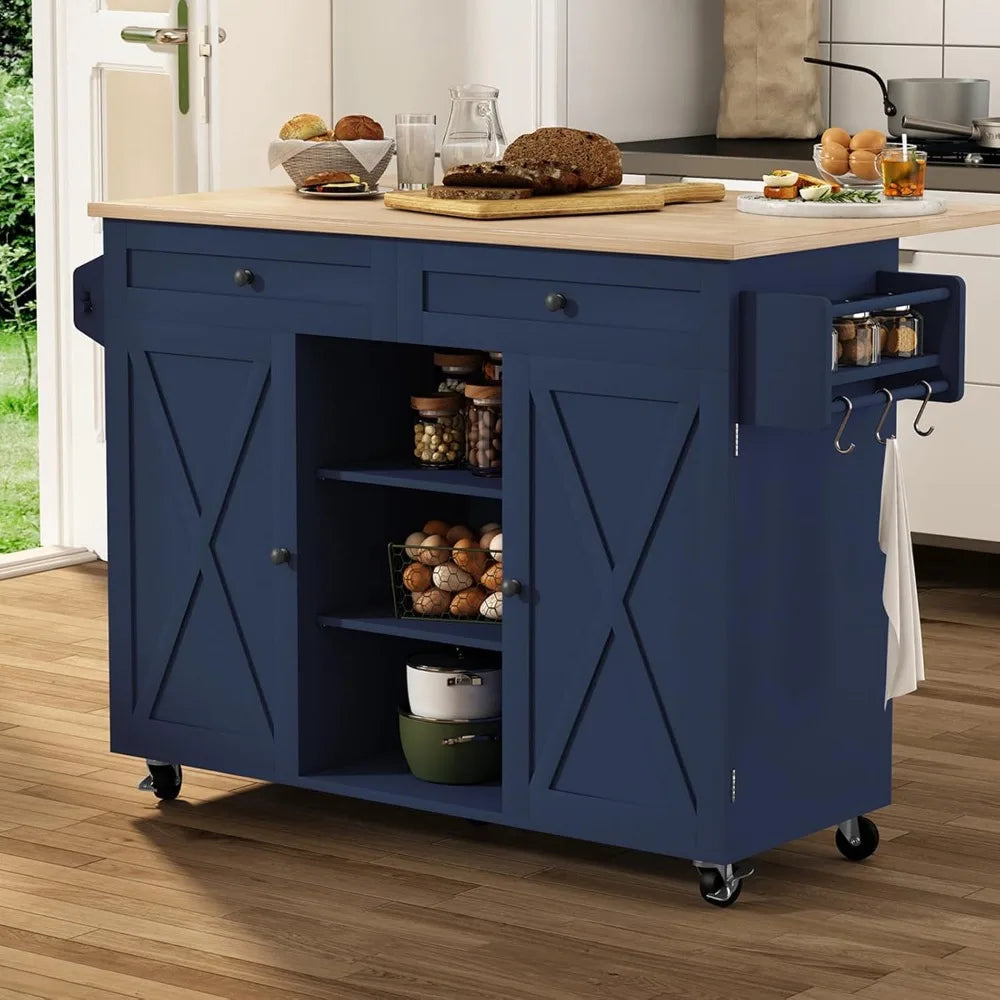 Blue Kitchen Island On Wheels With Drop Leaf Countertop