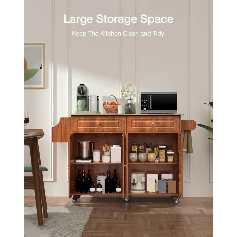 Kitchen Island with Drop Leaf and Storage, on Wheels Two Drawers, Large Storage Cabinet, Towel Rack Spice Cart Brown