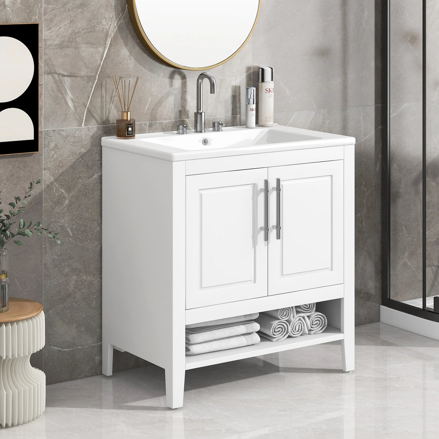 30" Bathroom Vanity Sink, White, MDF Cabinet With Doors