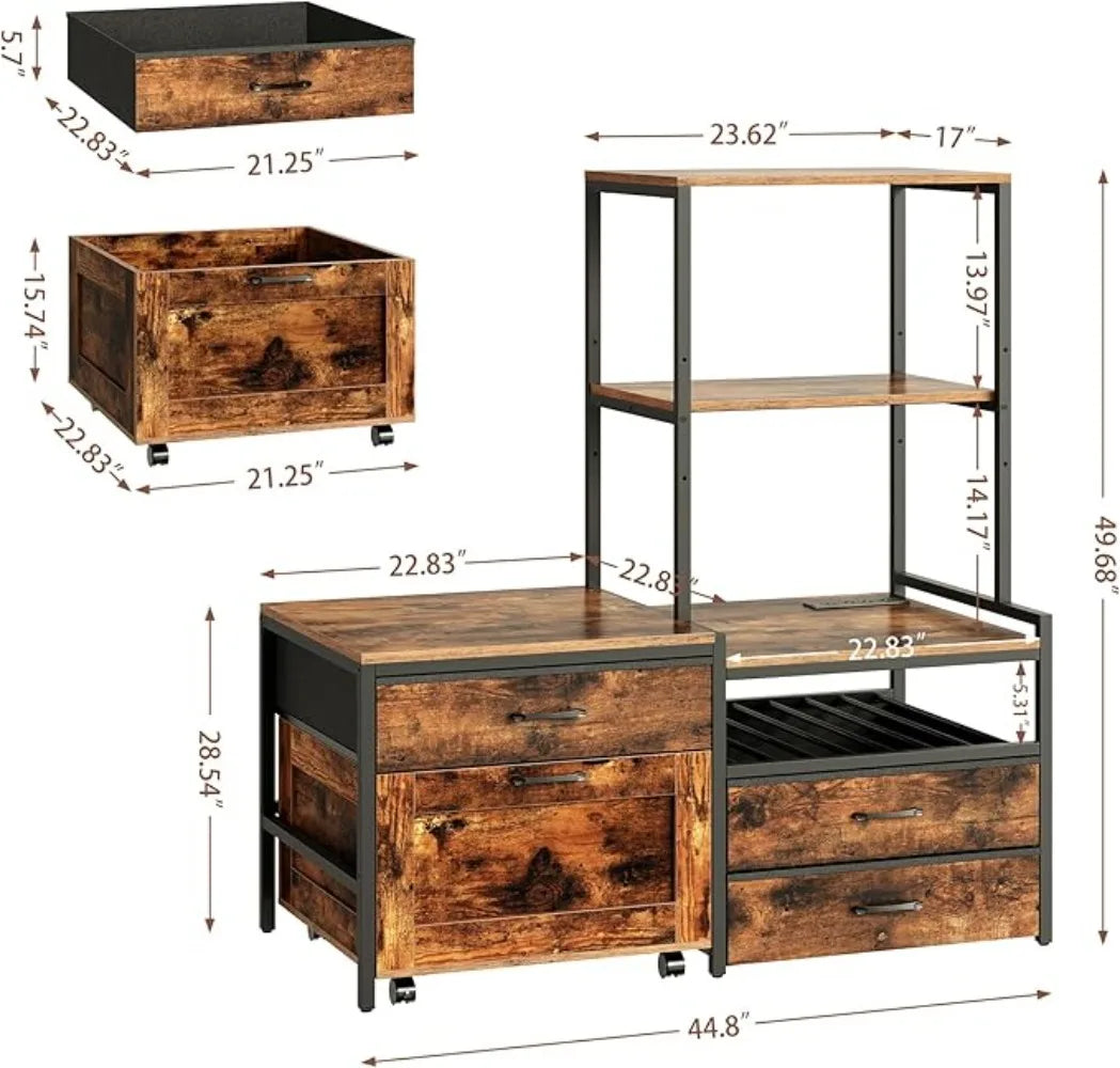 Mini Fridge Stand with Wine Rack, Kitchen Bakers Rack with Power Outlet, Microwave Oven Stand, Coffee Bar, Movable Drawers