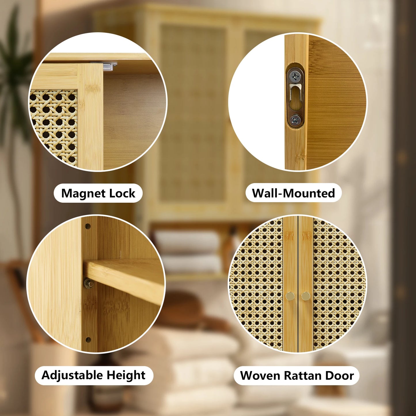 Solid Wood Bamboo Wall Cabinet Over Toilet With 3 Shelves