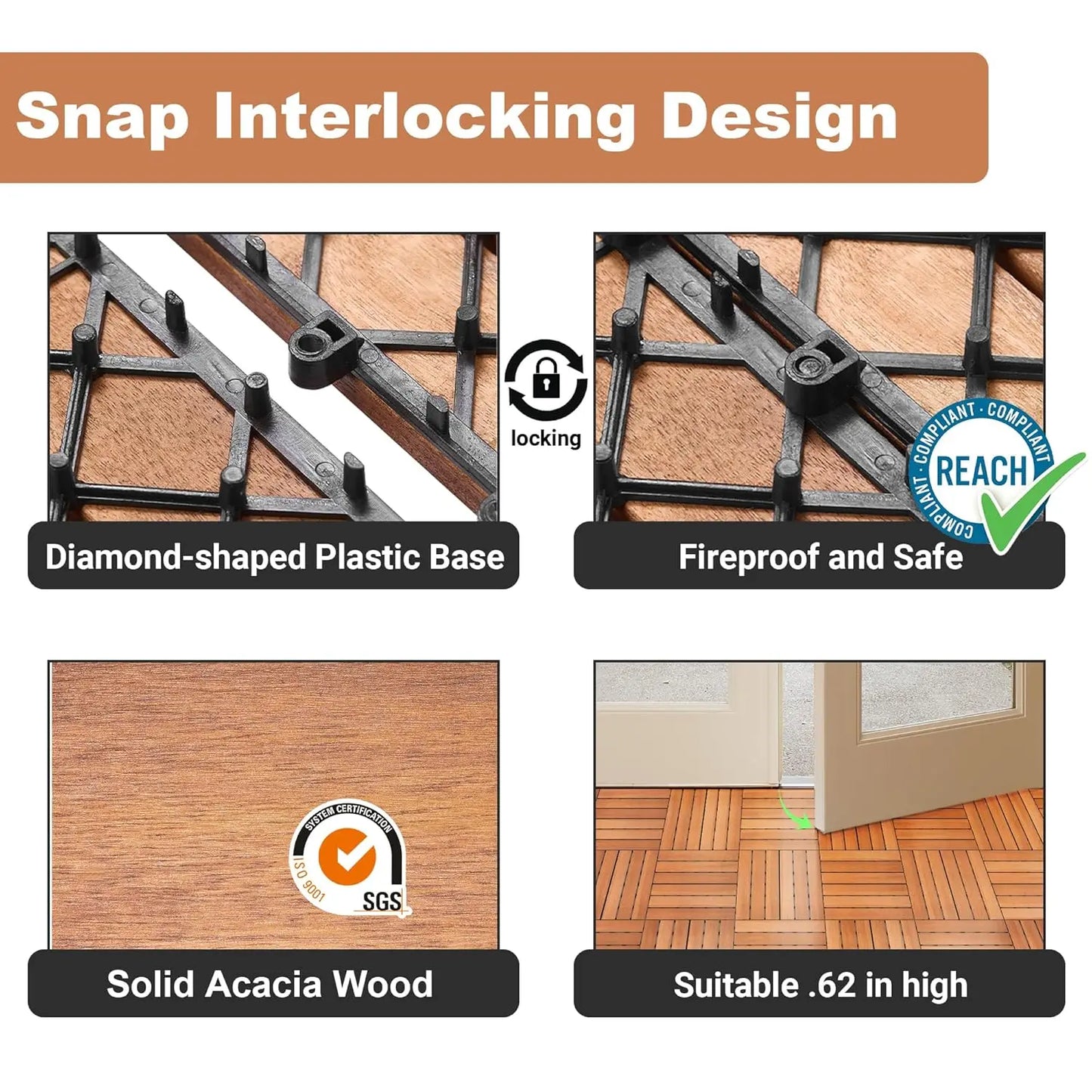 Acacia Wood Interlocking Deck Tiles 12x12 Outdoor All Weather Flooring