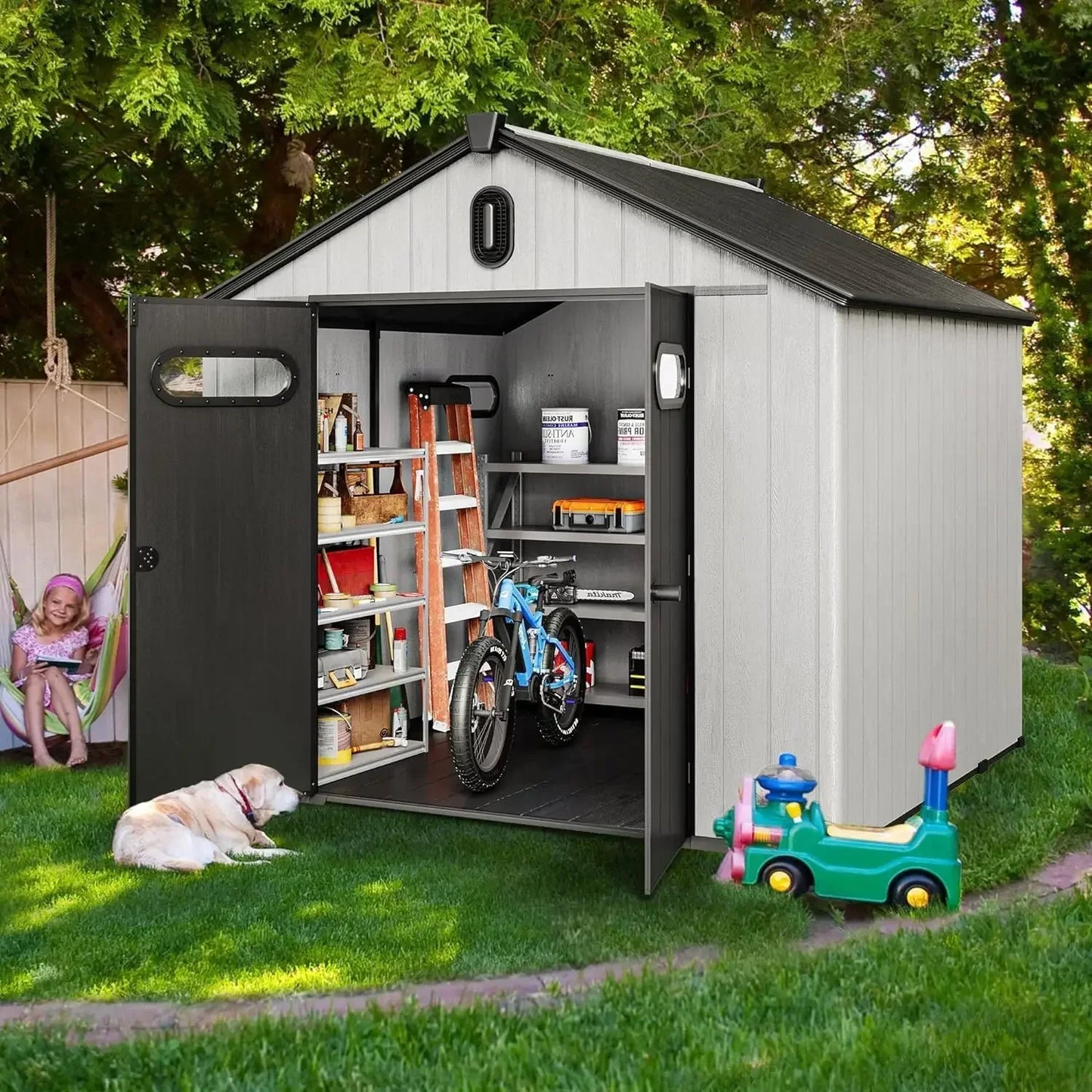 8' x 8' Outdoor Resin Storage Shed With Floor, Lockable Door