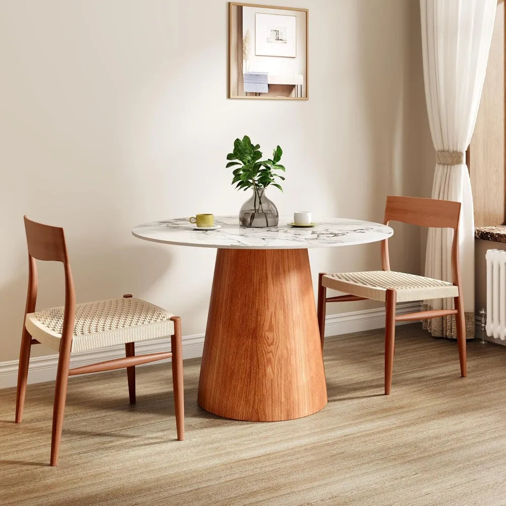 39" Round Dining Table Stone Top With Black Marble Look