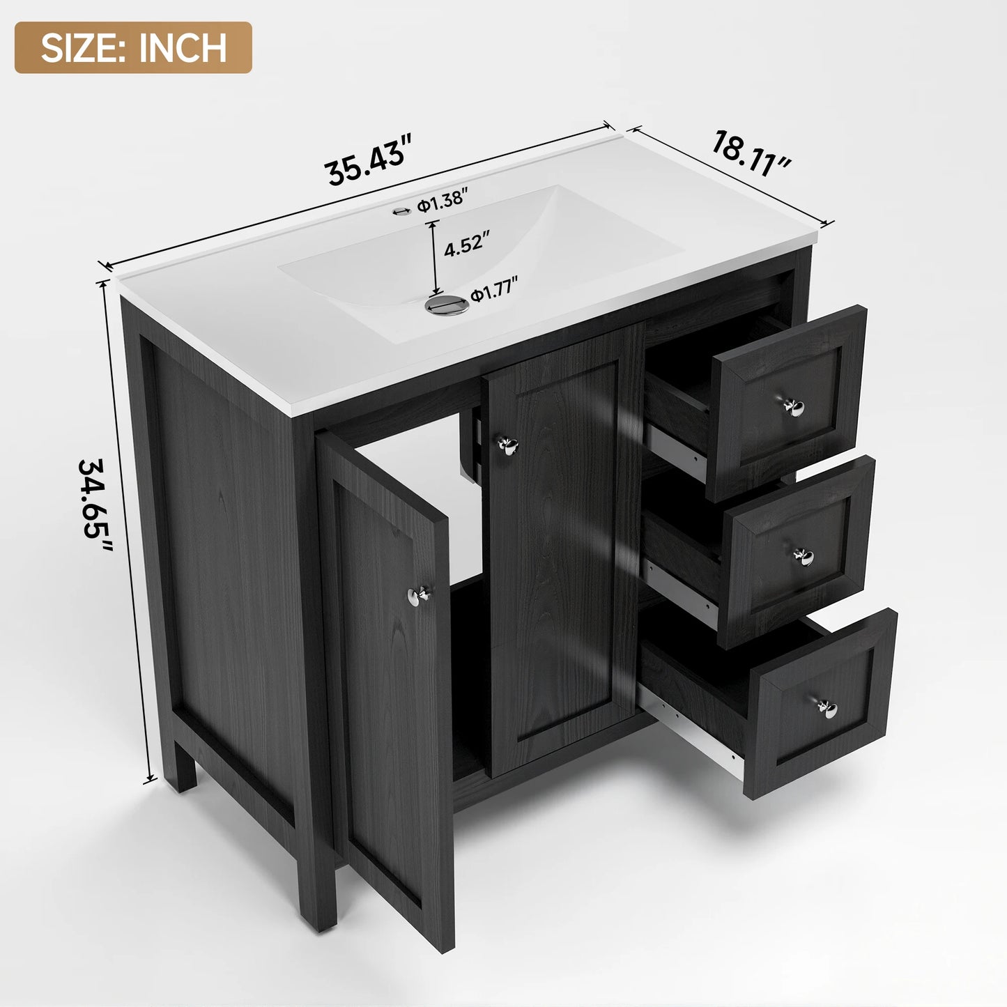 35.5" Bathroom Vanity , Modern Bathroom Cabinet with Basin, Bathroom Storage Cabinet with Soft Closing Doors and 3 Drawers