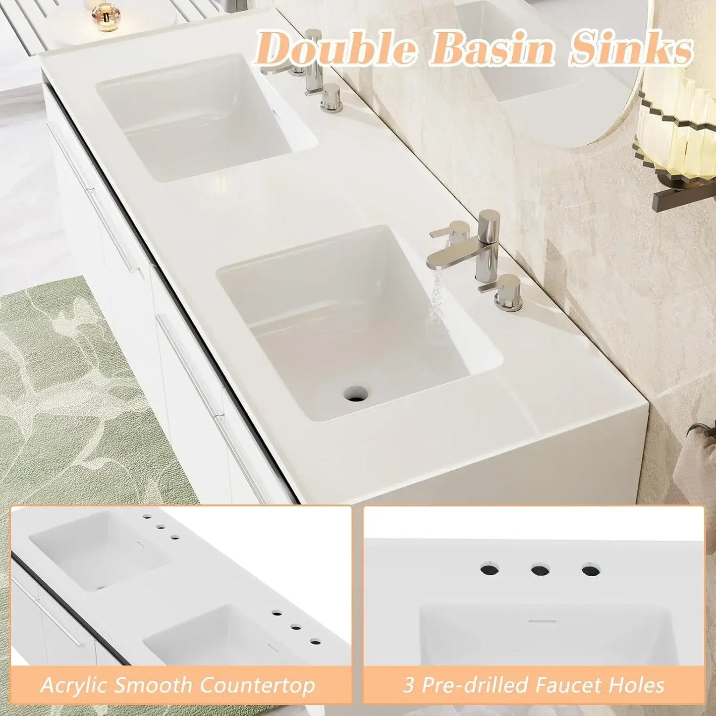 60" LED Floating Double Vanity With Three Hole Sink