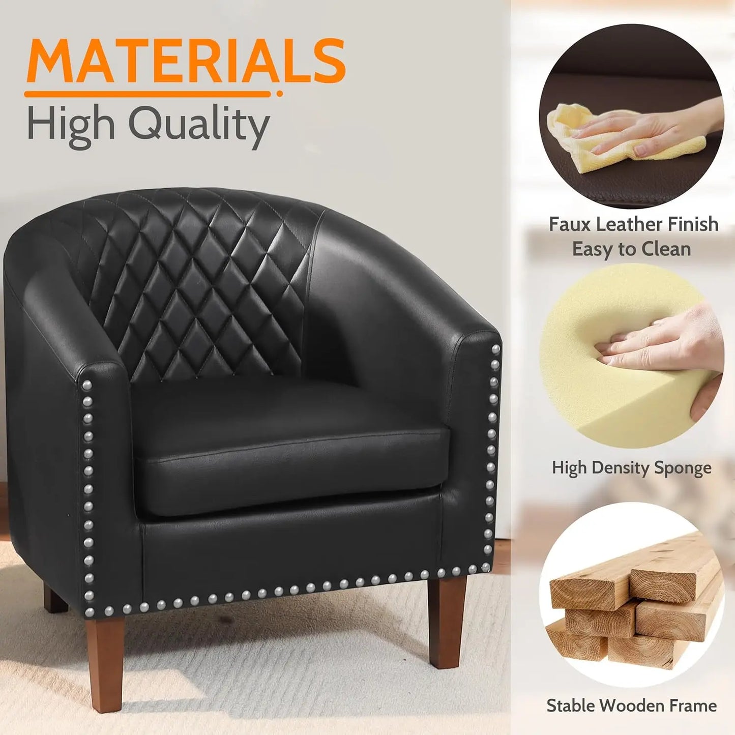 Barrel Chairs, Set of 2 Black Faux Leather Club Chairs