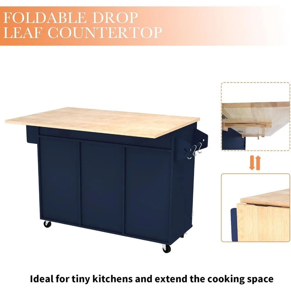Blue Kitchen Island On Wheels With Drop Leaf Countertop