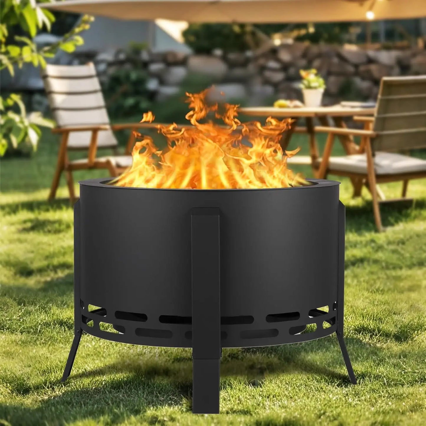 26-Inch Smokeless Fire Pit With Folding Feet For Outdoor Camping