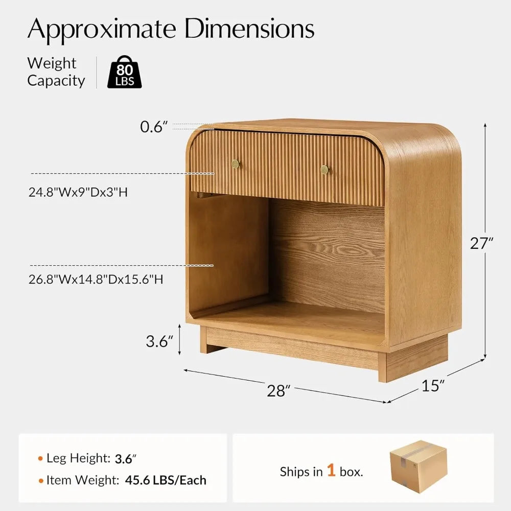 Modern Fluted Nightstand With Charging Station 28 Inch Wide