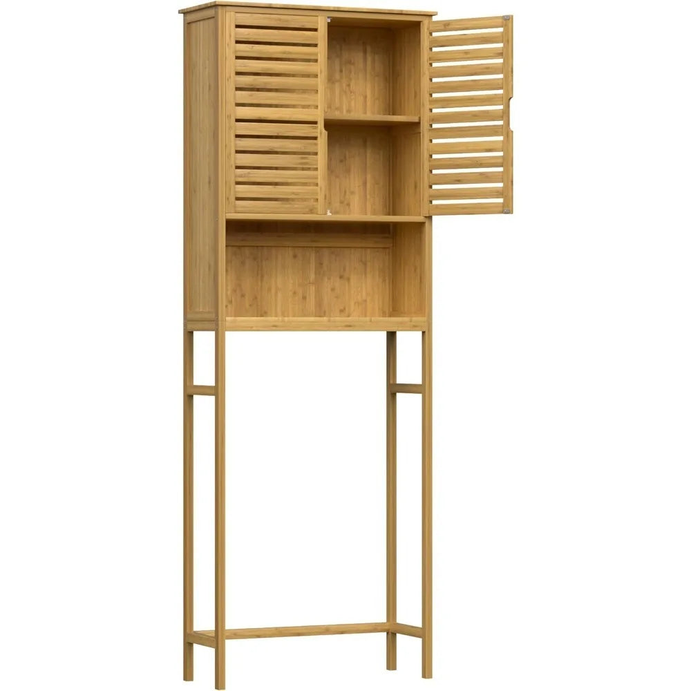 Fully upgraded-Over-The-Toilet Storage Shelf with Doors, Bathroom Freestanding Bamboo Organizer Space Saver with Adjustable Shelf