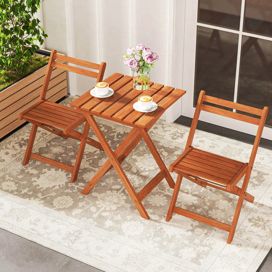 3 Piece Outdoor Wood Bistro Set w/ 2 Folding Chairs & Dining Table for Backyard