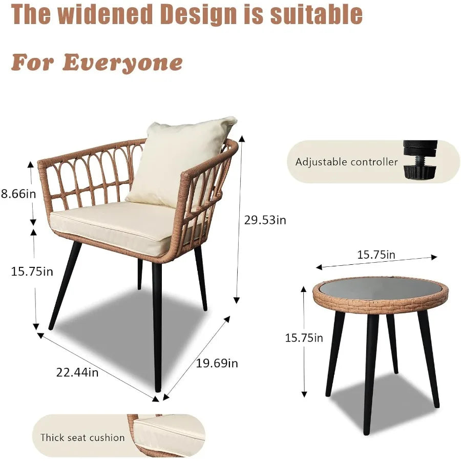 3 Piece Patio Bistro Set WeatherResistant Rattan GlassTabletop AllWeather Outdoor