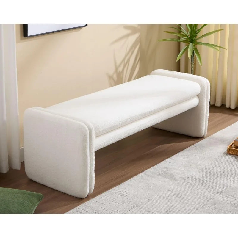White Boucle Fabric Bench, Faux Sherpa Upholstered Entryway Bench, End of Bed Ottoman Bench with Removable Bench Seat Cushion
