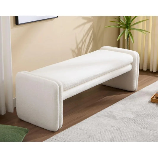 White Boucle Fabric Bench, Faux Sherpa Upholstered Entryway Bench, End of Bed Ottoman Bench with Removable Bench Seat Cushion