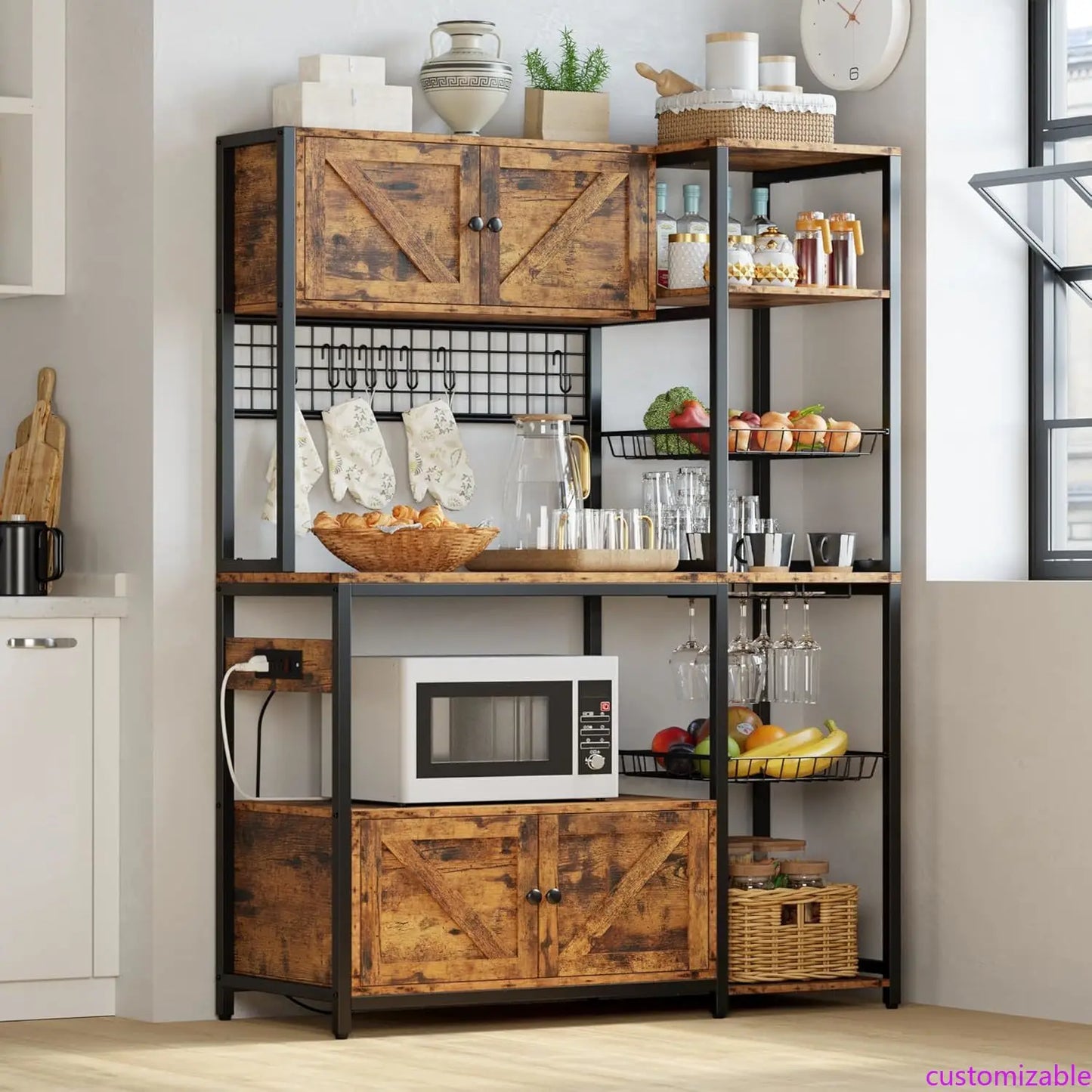 Bakers Rack with 2 Storage Cabinets and Power Outlet, 45.3 Inch Industrial Coffee Bar Cabinet Shelves, Kitchen Microwave Stand