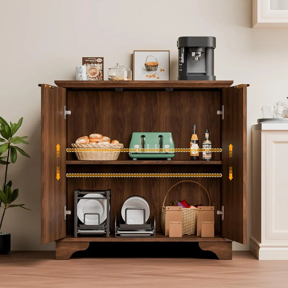 Walnut Modern Buffet Cabinet With Adjustable Shelves