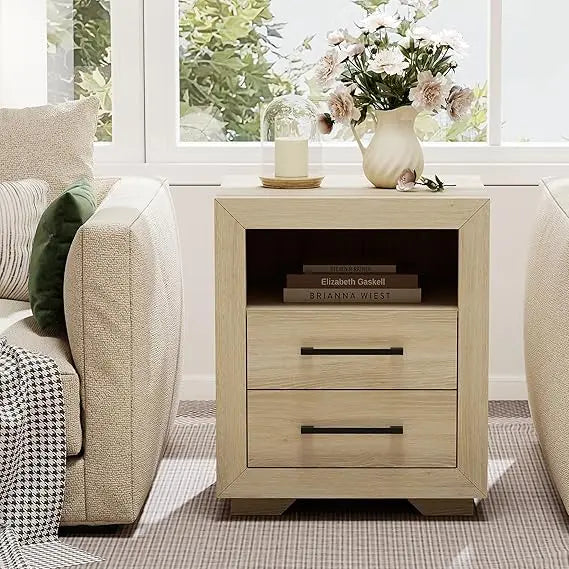 2 Drawer End Table or Nightstand, Hazel Oak, Rustic, Open Shelf