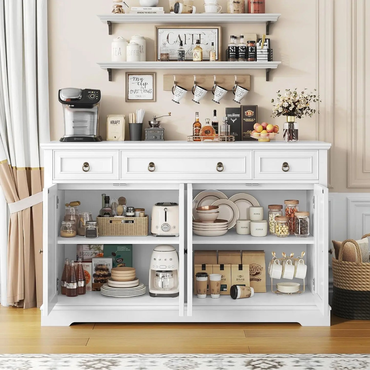White Kitchen Buffet Cabinet With Storage 52 Inch Sideboard