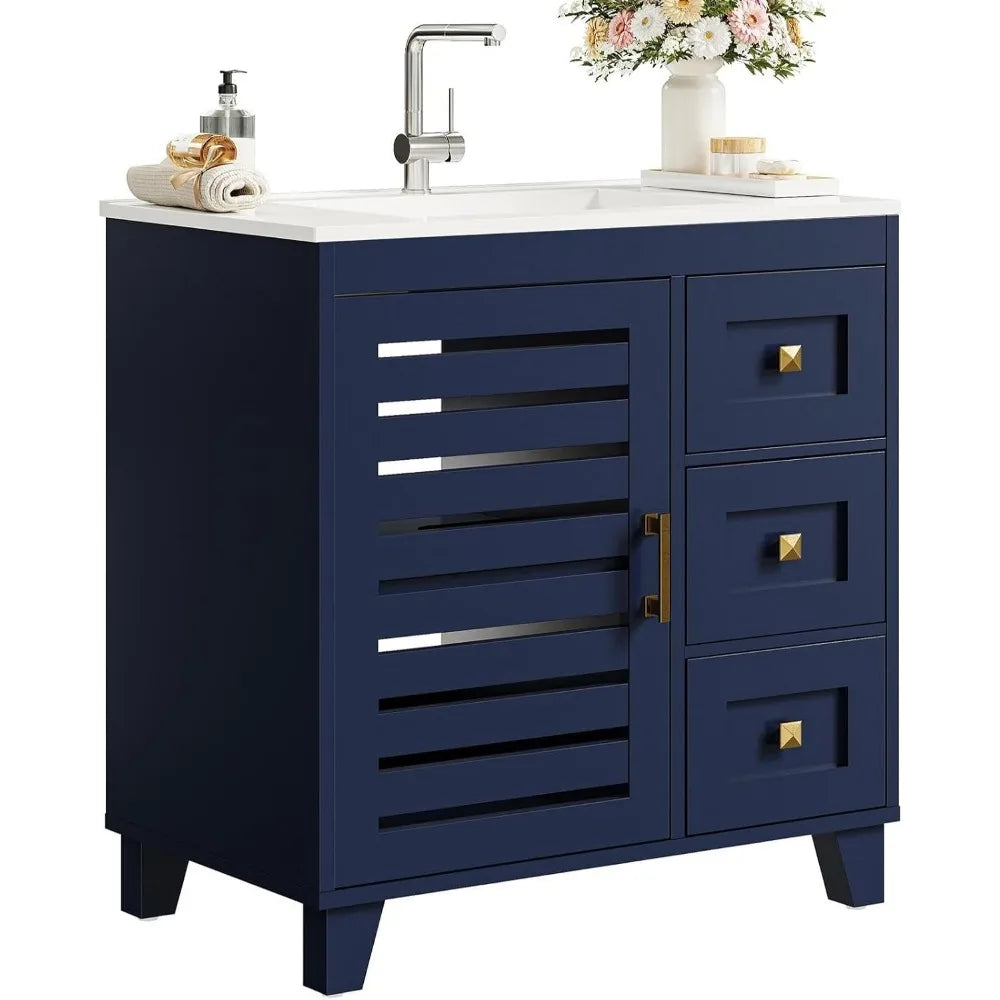 30.9" Dark Blue Bathroom Vanity w/Sink and Three Drawers